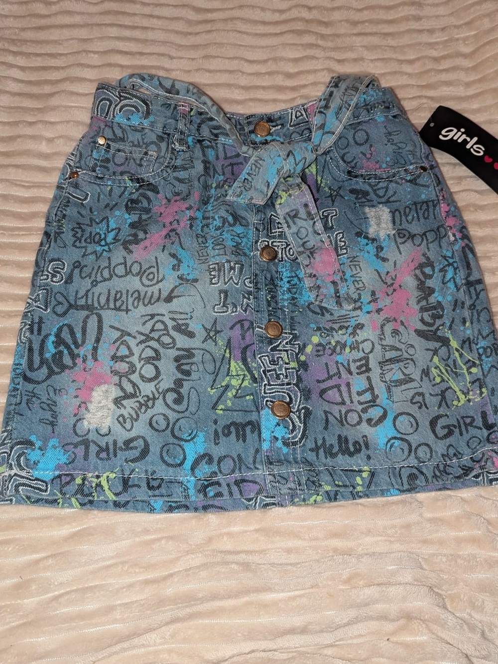 Girls Graffiti Print Denim Button-Front Skirt in Blue